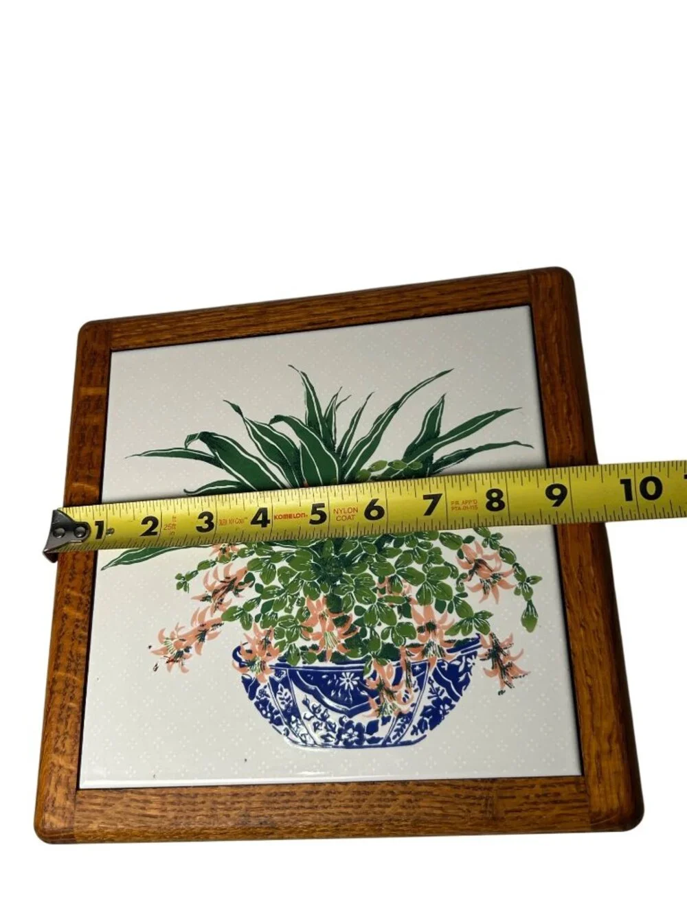 VTG Ceramic Tile Trivet Wooden Framed Floral Pot Italian Made Country Cottage